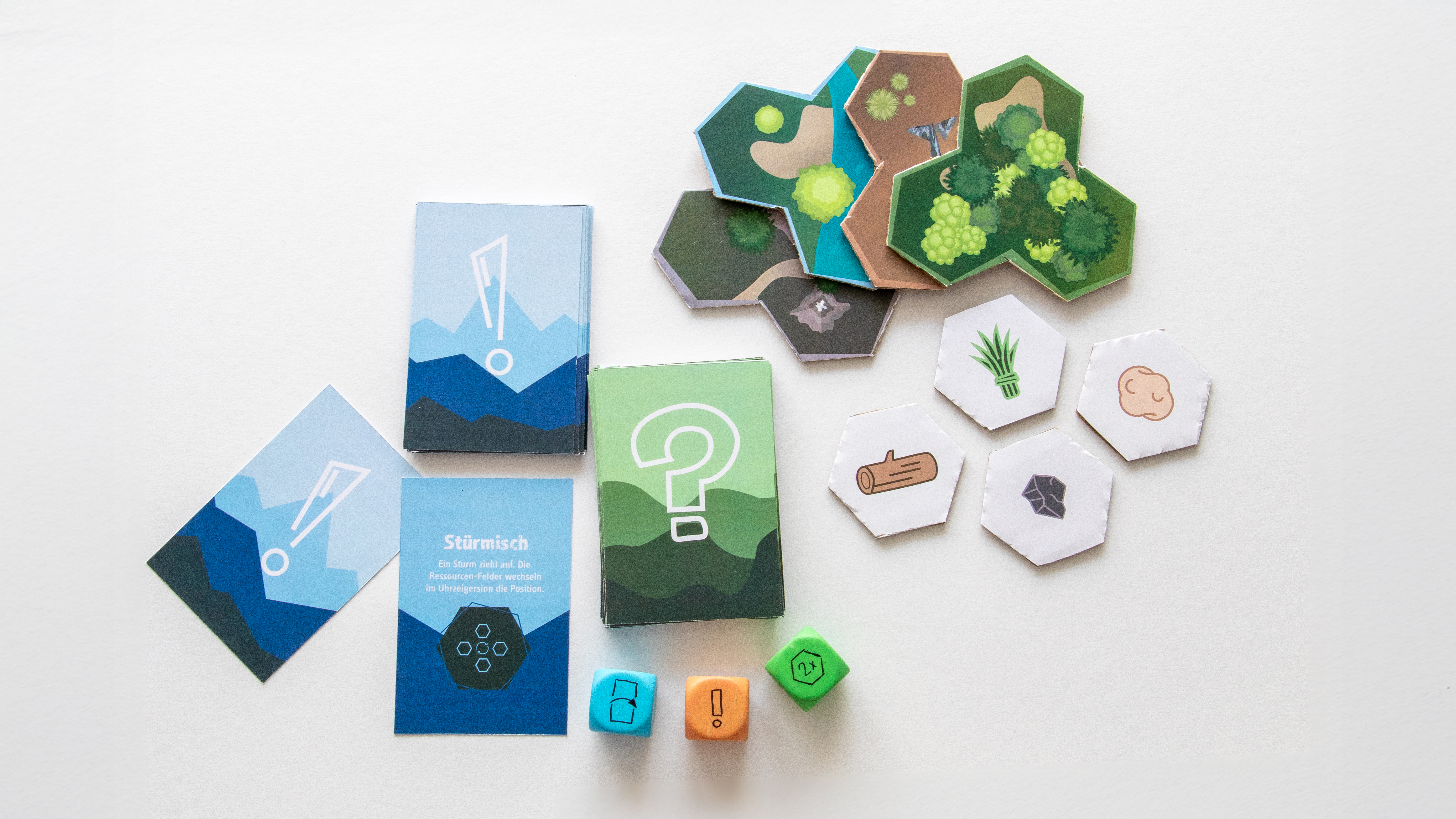 Aktionskarten, Ressourcenfelder und Würfel